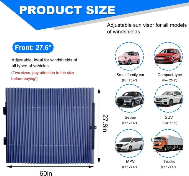 Alt view image 3 of 6 - Retractable Windshield Sun Shade, 27.6"×60" Sunshade Protector Blocks 99% UV Rays to Keep Your Car Cool, Front Windshield Sunshade Cover for Most Vehicles, Car Accessories (27.6"×60")
