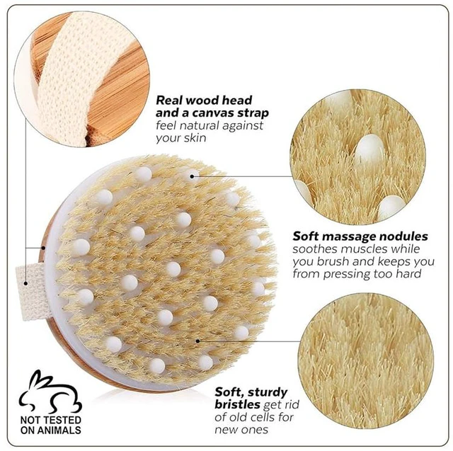 Alt view image 2 of 7 - Dry Body Brush - Natural Bristle Exfoliating Brush for Skin Renewal, Soft Bristles Antiskid Wooden Exfoliator Massage Body Scrubber Brush