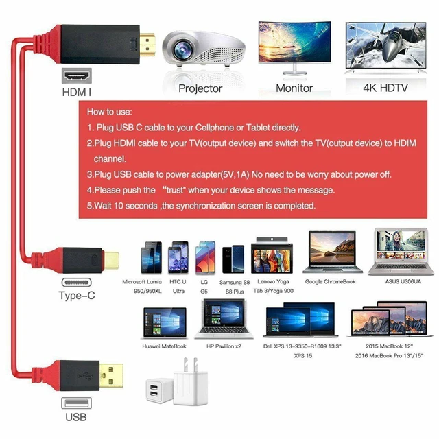Alt view image 4 of 7 - USB C to HDMI HDTV TV Cable Adapter Cable Type-C to 4K 60hz HDMI for Samsung Galaxy S20 S22 Android