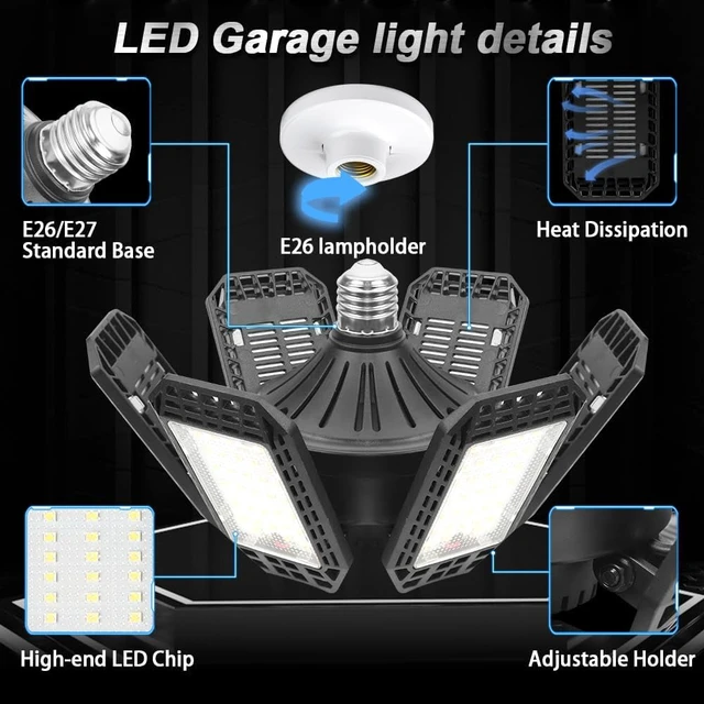 Alt view image 2 of 7 - 100W Garage Light, 10000LM 6500K LED Shop Lights, Screw in E26/E27 Socket Bulb, Garage Lights Ceiling Led with 6+1 Deformable Panels, for Warehouse, Workshop, Basement, Barn Lighting (2Pack)