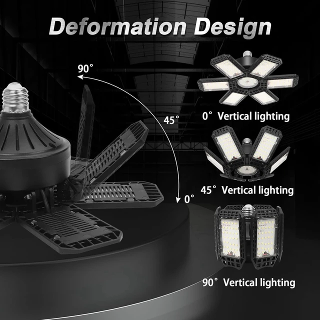Alt view image 3 of 7 - 100W Garage Light, 10000LM 6500K LED Shop Lights, Screw in E26/E27 Socket Bulb, Garage Lights Ceiling Led with 6+1 Deformable Panels, for Warehouse, Workshop, Basement, Barn Lighting (2Pack)