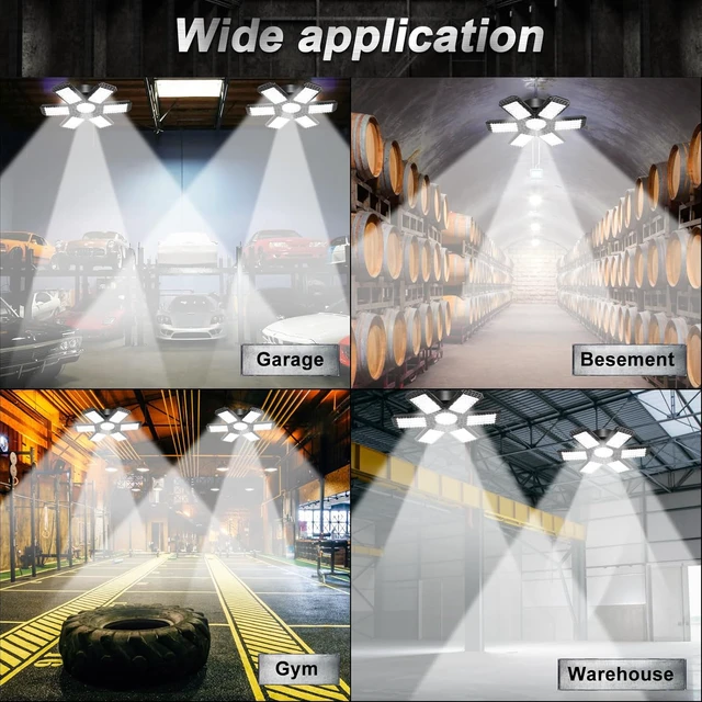 Alt view image 4 of 7 - 100W Garage Light, 10000LM 6500K LED Shop Lights, Screw in E26/E27 Socket Bulb, Garage Lights Ceiling Led with 6+1 Deformable Panels, for Warehouse, Workshop, Basement, Barn Lighting (2Pack)