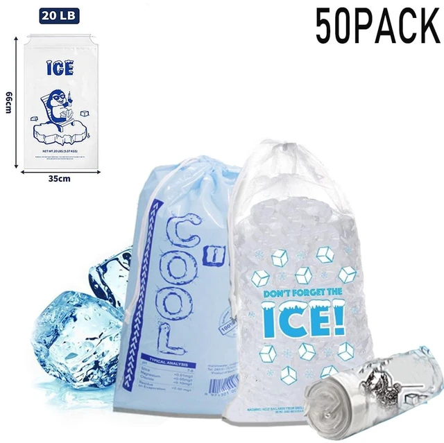 Main image of 20 LB Disposable Drawstring Ice Bags, 35×66cm Heavy Duty Clear Plastic Ice Storage Bags, 50 Count Leak-Proof Ice Bags for Freezer, Parties & Home Use