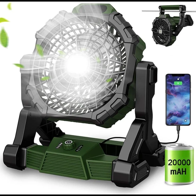 Main image of 16-Inch Camping Fan, 20000mAh Rechargeable Battery Operated Fan with LED Light, 16H Runtime, 3 Speeds, 3 Timers, 240° Pivot for Tent Outdoor Picnic Barbecue Fishing