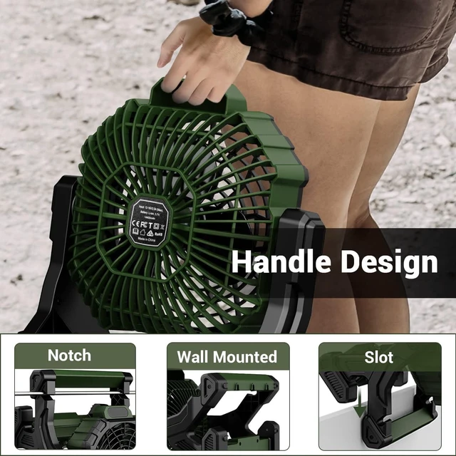 Alt view image 2 of 7 - 16-Inch Camping Fan, 20000mAh Rechargeable Battery Operated Fan with LED Light, 16H Runtime, 3 Speeds, 3 Timers, 240° Pivot for Tent Outdoor Picnic Barbecue Fishing