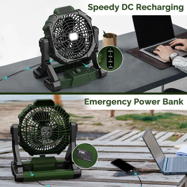Alt view image 3 of 7 - 16-Inch Camping Fan, 20000mAh Rechargeable Battery Operated Fan with LED Light, 16H Runtime, 3 Speeds, 3 Timers, 240° Pivot for Tent Outdoor Picnic Barbecue Fishing