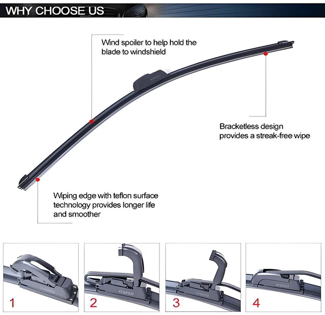 Alt view image 2 of 7 - 22" Windshield Wipers (Pack of 2), Automotive Replacement Front Windshield Wiper Blades J-HOOK Bracketless OEM Quality Wipers