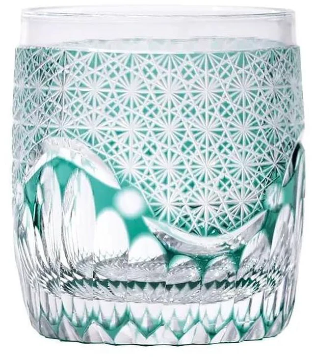 Main image of Edo Kiriko Luxury Crystal Whiskey Glass Hand Cut To Clear Green 9oz Gift Packing