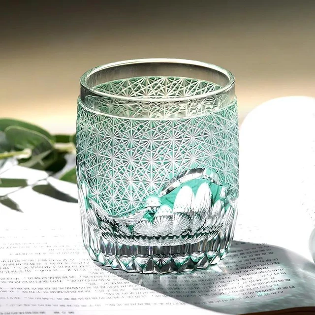 Alt view image 2 of 4 - Edo Kiriko Luxury Crystal Whiskey Glass Hand Cut To Clear Green 9oz Gift Packing