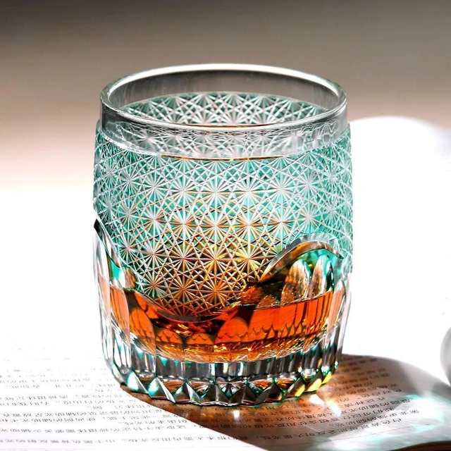 Alt view image 3 of 4 - Edo Kiriko Luxury Crystal Whiskey Glass Hand Cut To Clear Green 9oz Gift Packing