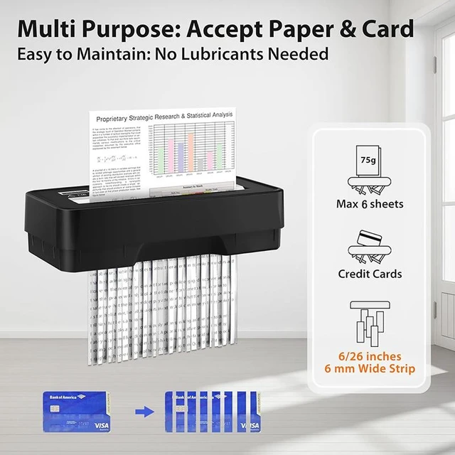 Alt view image 2 of 7 - 6-Sheet Strip Cut Paper Shredder, 3.2 Gallon, Also Shred Card/Staple, Small Mini Document Shredding Machine, Portable for Home