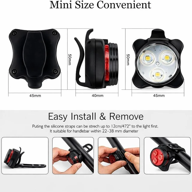 Alt view image 3 of 7 - 2Pcs Bicycle Lights Mountain Bike Headlight and Taillight, Waterproof Super Bike Lights, USB Rechargeable, for Night Riding, 5 Light Mode Options