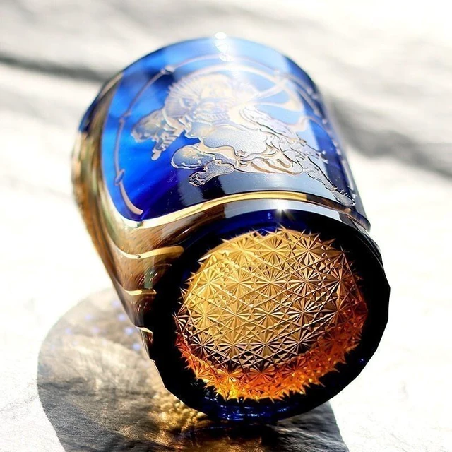 Alt view image 3 of 6 - Japanese Style Whisky Glass Tumbler Edo Kiriko Glass Hand Cut To Clear 9oz Blue