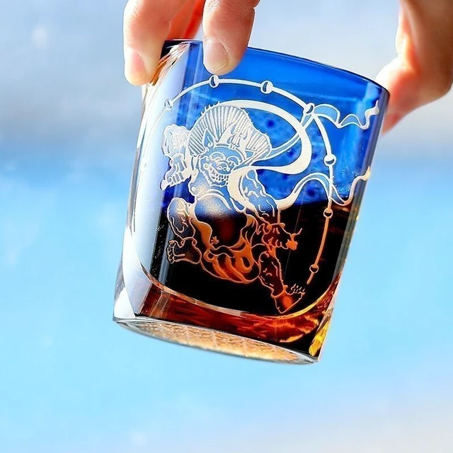 Alt view image 2 of 6 - Japanese Style Whisky Glass Tumbler Edo Kiriko Glass Hand Cut To Clear 9oz Blue