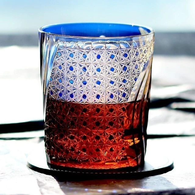 Alt view image 4 of 6 - Japanese Style Whisky Glass Tumbler Edo Kiriko Glass Hand Cut To Clear 9oz Blue