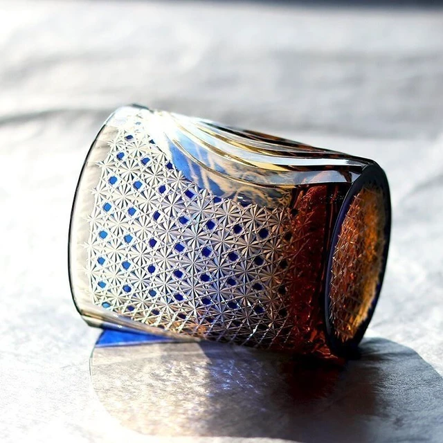 Alt view image 6 of 6 - Japanese Style Whisky Glass Tumbler Edo Kiriko Glass Hand Cut To Clear 9oz Blue