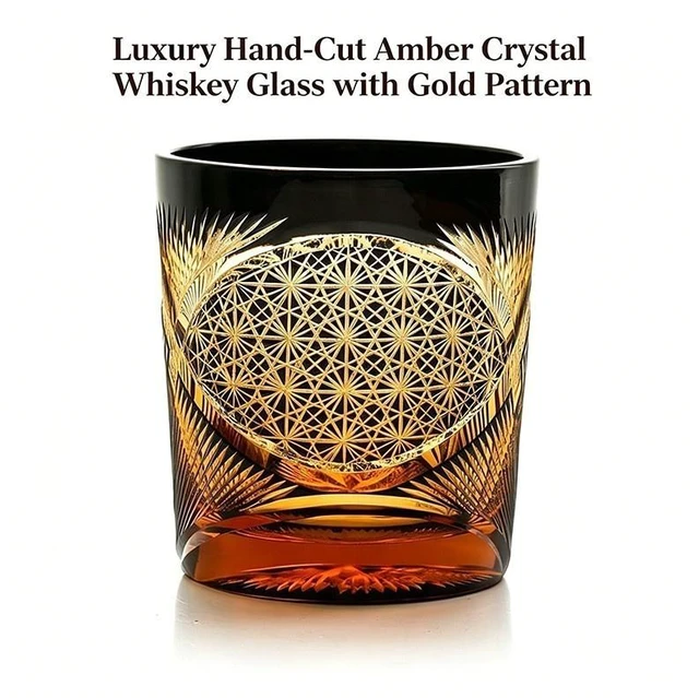 Main image of Luxury Handmade Edo Kiriko Whisky Brandy Crystal Cut Glass Amber Black Tumbler