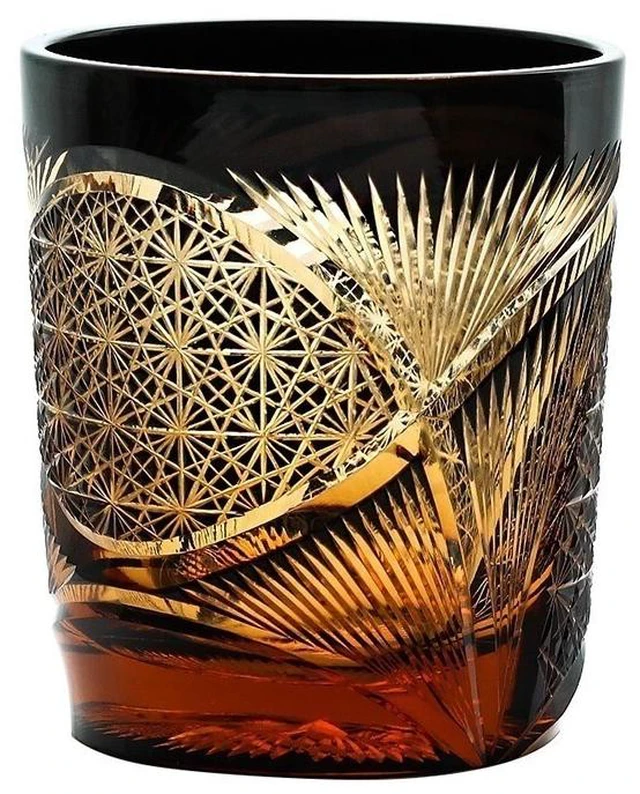 Alt view image 2 of 7 - Luxury Handmade Edo Kiriko Whisky Brandy Crystal Cut Glass Amber Black Tumbler