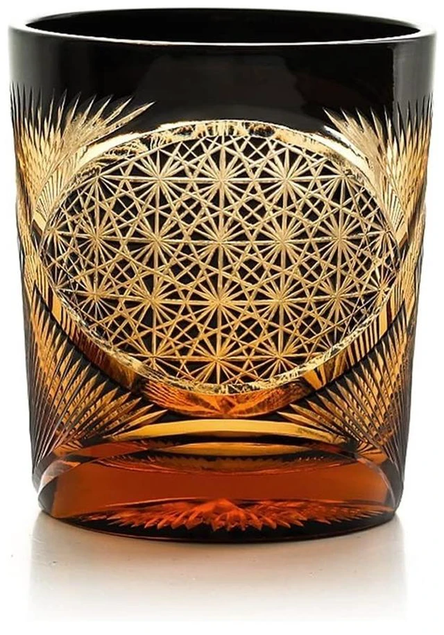 Alt view image 3 of 7 - Luxury Handmade Edo Kiriko Whisky Brandy Crystal Cut Glass Amber Black Tumbler