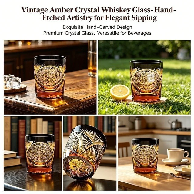Alt view image 4 of 7 - Luxury Handmade Edo Kiriko Whisky Brandy Crystal Cut Glass Amber Black Tumbler