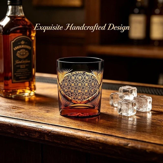 Alt view image 5 of 7 - Luxury Handmade Edo Kiriko Whisky Brandy Crystal Cut Glass Amber Black Tumbler