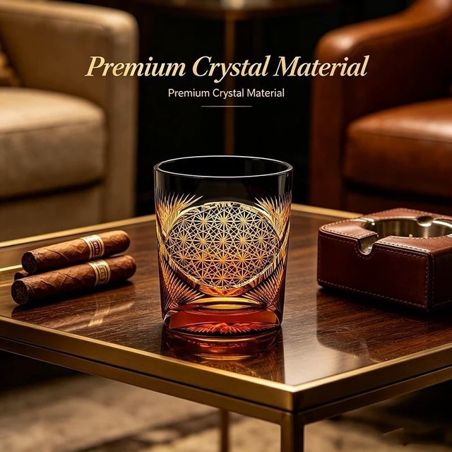 Alt view image 6 of 7 - Luxury Handmade Edo Kiriko Whisky Brandy Crystal Cut Glass Amber Black Tumbler