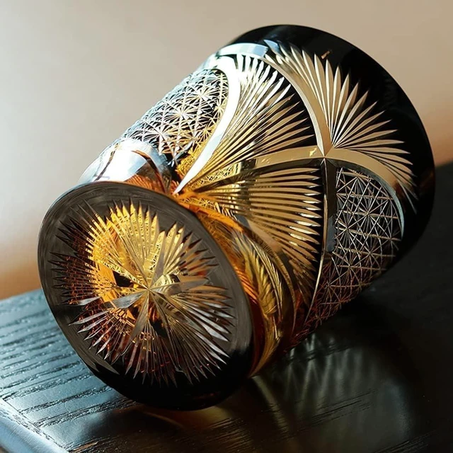 Alt view image 7 of 7 - Luxury Handmade Edo Kiriko Whisky Brandy Crystal Cut Glass Amber Black Tumbler