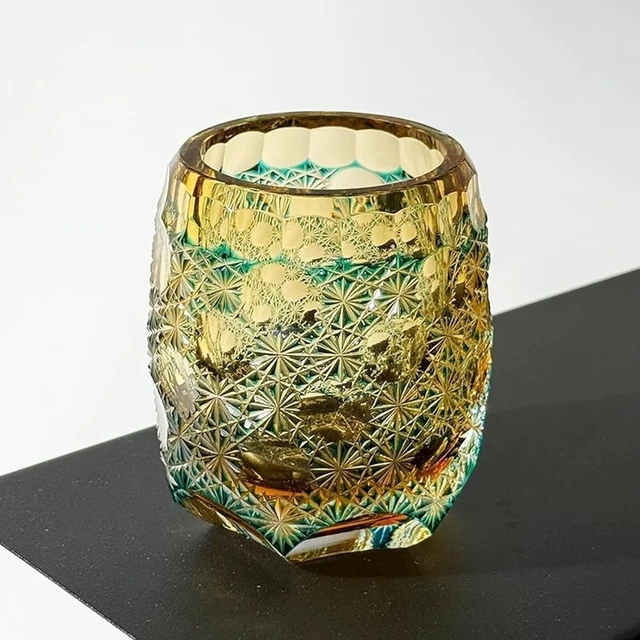 Alt view image 2 of 7 - Whisky Glass Tumbler Japanese Style Edo Kiriko Glass Hand Cut To Clear 9oz Green