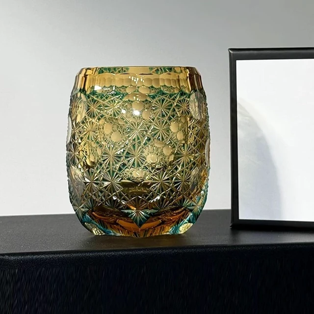 Alt view image 3 of 7 - Whisky Glass Tumbler Japanese Style Edo Kiriko Glass Hand Cut To Clear 9oz Green
