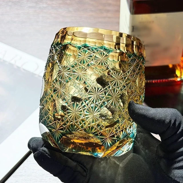 Alt view image 5 of 7 - Whisky Glass Tumbler Japanese Style Edo Kiriko Glass Hand Cut To Clear 9oz Green
