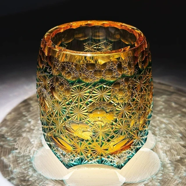 Alt view image 6 of 7 - Whisky Glass Tumbler Japanese Style Edo Kiriko Glass Hand Cut To Clear 9oz Green