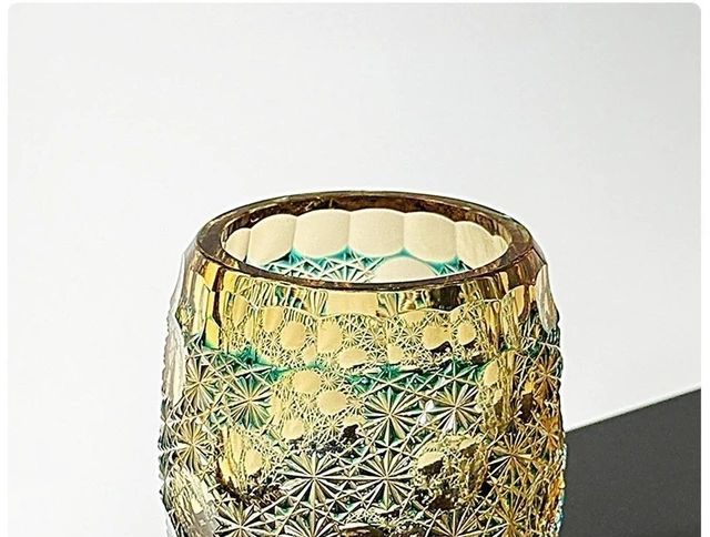 Alt view image 7 of 7 - Whisky Glass Tumbler Japanese Style Edo Kiriko Glass Hand Cut To Clear 9oz Green
