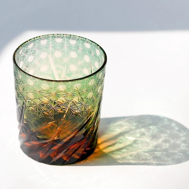 Alt view image 3 of 7 - Crystal Whiskey Glasses Tumbler Edo Kiriko Glassware Vodka Wine Amber Green 9oz