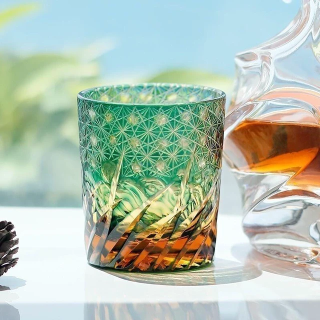 Main image of Crystal Whiskey Glasses Tumbler Edo Kiriko Glassware Vodka Wine Amber Green 9oz