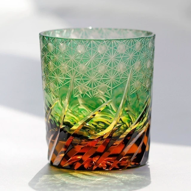 Alt view image 2 of 7 - Crystal Whiskey Glasses Tumbler Edo Kiriko Glassware Vodka Wine Amber Green 9oz