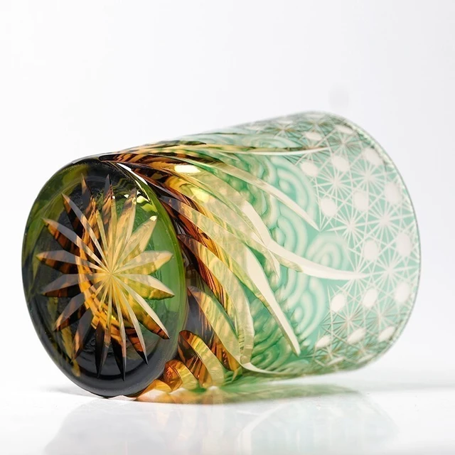 Alt view image 4 of 7 - Crystal Whiskey Glasses Tumbler Edo Kiriko Glassware Vodka Wine Amber Green 9oz
