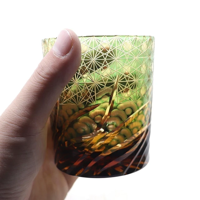 Alt view image 5 of 7 - Crystal Whiskey Glasses Tumbler Edo Kiriko Glassware Vodka Wine Amber Green 9oz
