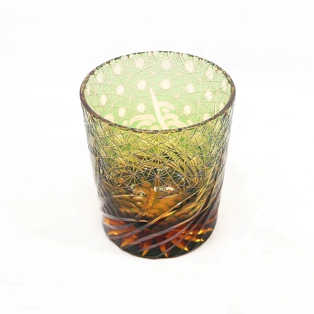 Alt view image 7 of 7 - Crystal Whiskey Glasses Tumbler Edo Kiriko Glassware Vodka Wine Amber Green 9oz