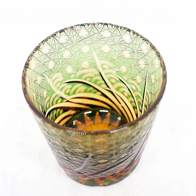 Alt view image 6 of 7 - Crystal Whiskey Glasses Tumbler Edo Kiriko Glassware Vodka Wine Amber Green 9oz
