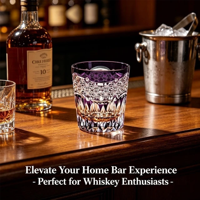Alt view image 2 of 7 - Kiriko Glass Hand Cut To Clear Whiskey Beer Water Crystal Glasses Purple -11oz
