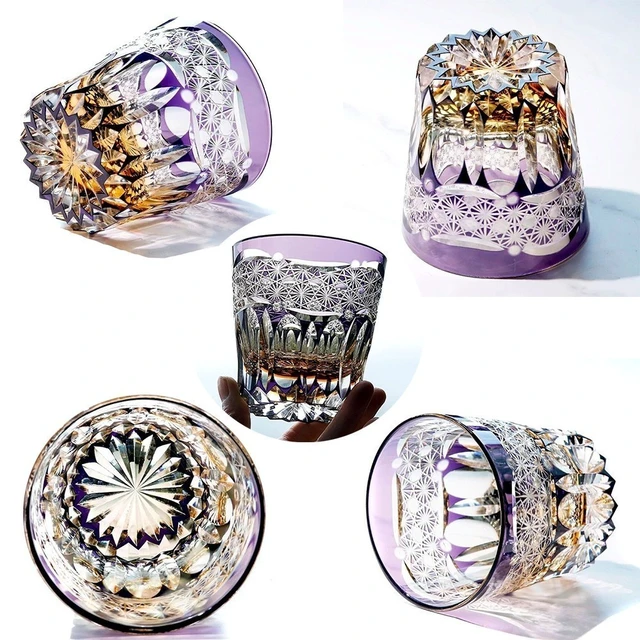 Alt view image 3 of 7 - Kiriko Glass Hand Cut To Clear Whiskey Beer Water Crystal Glasses Purple -11oz