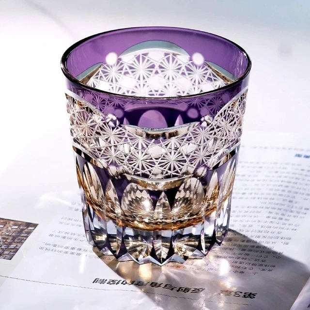 Alt view image 4 of 7 - Kiriko Glass Hand Cut To Clear Whiskey Beer Water Crystal Glasses Purple -11oz