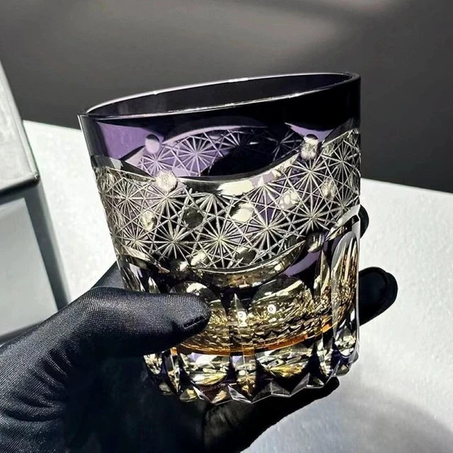 Alt view image 5 of 7 - Kiriko Glass Hand Cut To Clear Whiskey Beer Water Crystal Glasses Purple -11oz