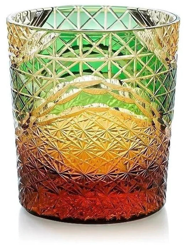 Main image of Edo Kiriko Whiskey Glass 9Ounces Amber Green Crystal Glass Bourbon Glasses 270ml