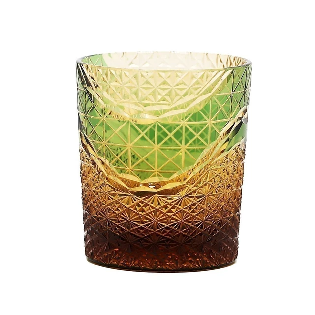 Alt view image 2 of 7 - Edo Kiriko Whiskey Glass 9Ounces Amber Green Crystal Glass Bourbon Glasses 270ml
