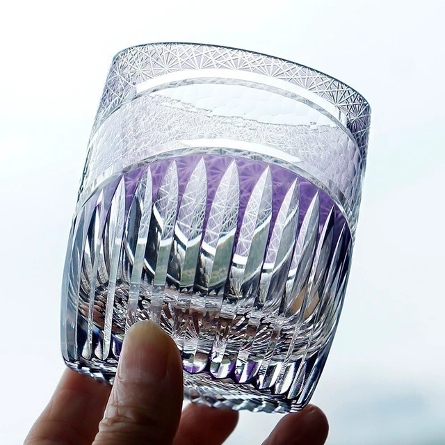 Alt view image 2 of 6 - Luxury Edo Kiriko Glass Hand Cut Shiny Cased Crystal Glass (9oz) Purple Gift Box