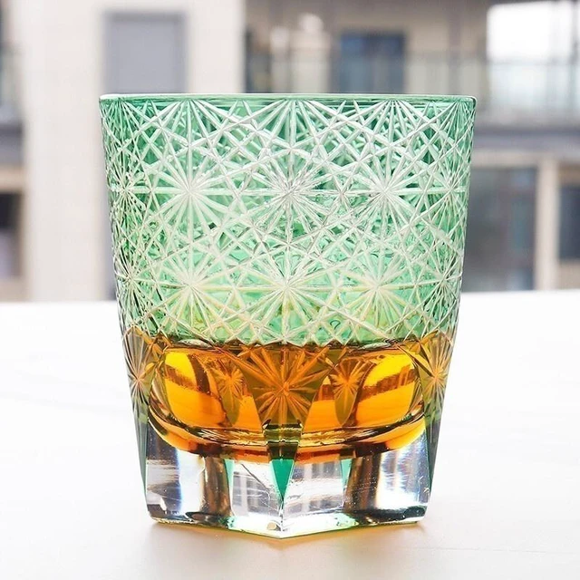 Alt view image 3 of 7 - Hand Cut To Clear Blue/Green 9oz Edo Kiriko Crystal Whiskey Glasses Gift Packing