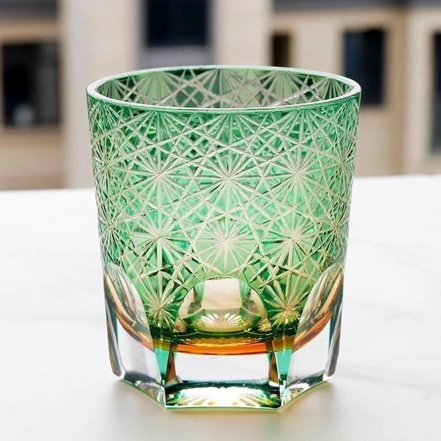 Alt view image 2 of 7 - Hand Cut To Clear Blue/Green 9oz Edo Kiriko Crystal Whiskey Glasses Gift Packing