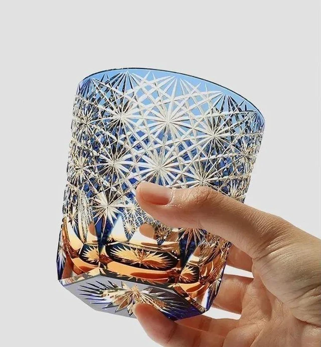 Alt view image 4 of 7 - Hand Cut To Clear Blue/Green 9oz Edo Kiriko Crystal Whiskey Glasses Gift Packing