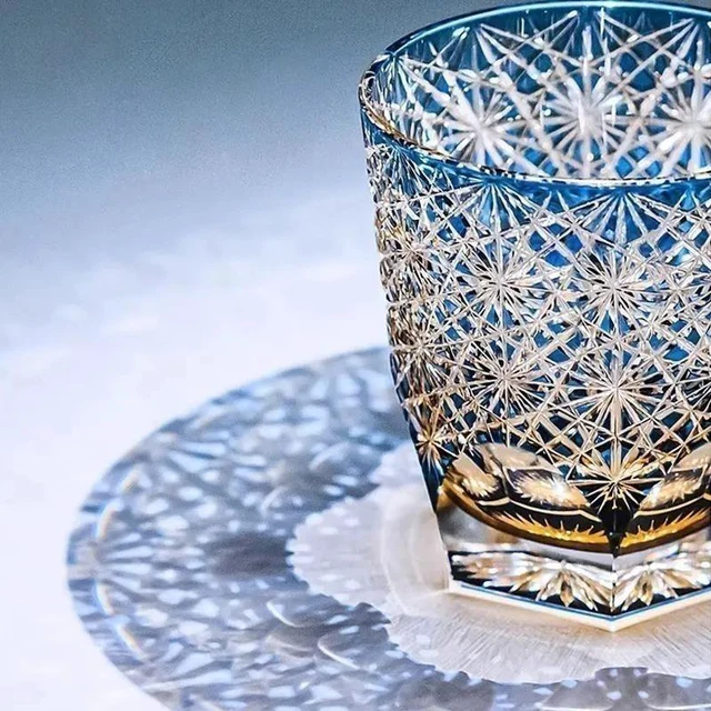Alt view image 5 of 7 - Hand Cut To Clear Blue/Green 9oz Edo Kiriko Crystal Whiskey Glasses Gift Packing